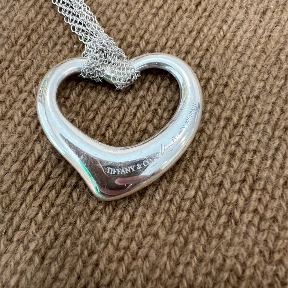 Elsa Peretti Tiffany Large Open Heart Pendant Sterling Silver Mesh Chain In Box - Picture 3 of 10